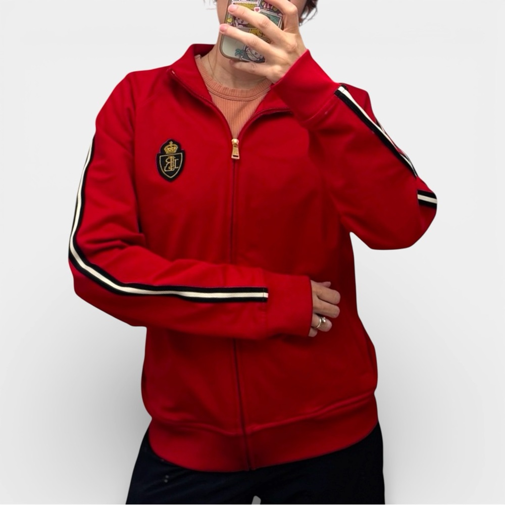 Lauren Ralph Lauren Red Zip Track Jacket Crest Patch XL Heritage Preppy